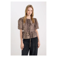 DEFACTO Regular Fit Round Neck Leopard Printed Front Tie Poplin Short Sleeve Blouse