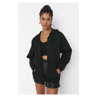 Trendyol Black Hooded With Zipper Oversized, Fleece Inside Knitted Sweatshirt