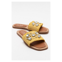 LuviShoes NORVE Women's Yellow Straw Stone Slippers