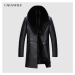 Zimní kožený kabát pro pány s plyšovým límcem - ČERNÝ