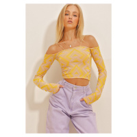Trend Alaçatı Stili Women's Yellow Lilac Thread Straps Detailed Long Sleeve Patterned Crop Knitt