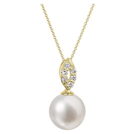 Evolution Group Zlatý 14 karátový náhrdelník s bílou říční perlou a brilianty 92PB00040