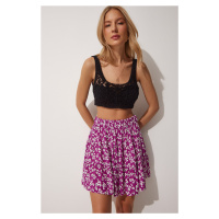 Happiness İstanbul Women's Purple Floral Ruffle Summer Viscose Mini Skirt