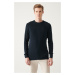 Avva Men's Navy Blue Crew Neck Jacquard Slim Fit Narrow Cut Knitwear Sweater