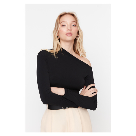 Trendyol Black Slim Snaps Asymmetric Collar Flexible Knitted Body