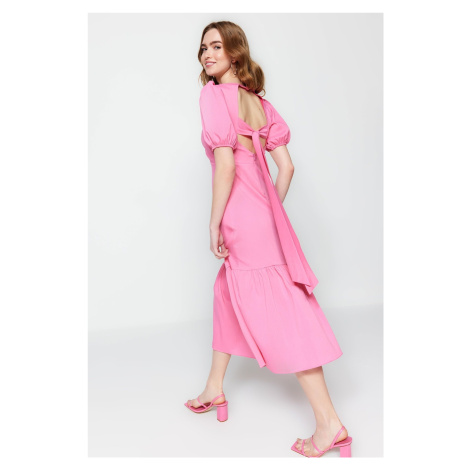 Trendyol růžové tkané zadní detailní midi tkané šaty
