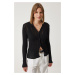 Happiness İstanbul Women's Black Polo Collar Summer Openwork Knitwear Cardigan