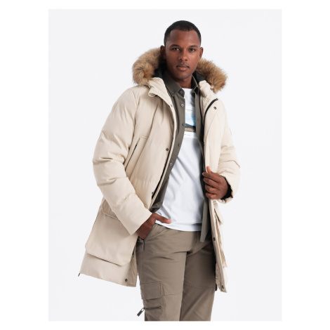 Ombre Men's long parka jacket with flared bottom - cream