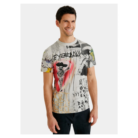 Béžové pánské vzorované tričko Desigual Mexican Skull