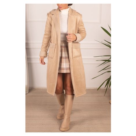 armonika Women's Beige Furry Pocket Detailed Buttoned Suede Long Coat