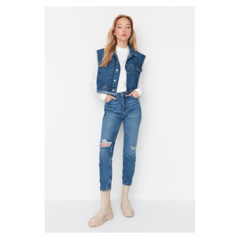 Trendyol Blue Ripped Detail High Waist Mom Jeans