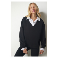 Happiness İstanbul Women's Black Shirt Detailed Knitted Sweatshirt