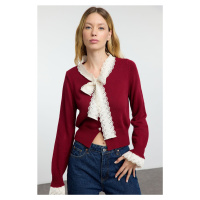 Trendyol Claret Red Garni Detailed Color Block Knitwear Cardigan