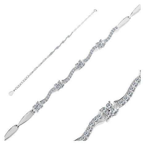 Náramek ze stříbra 925, drobné květy a vlnky ze zirkonů, podlouhlé články Šperky eshop