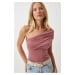 Happiness İstanbul Women's Dusty Rose One Shoulder Gathered Knitted Blouse