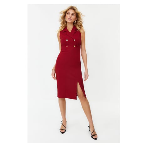 Trendyol Burgundy Fitted Button Detailed Slit Midi Pencil Skirt Woven Dress