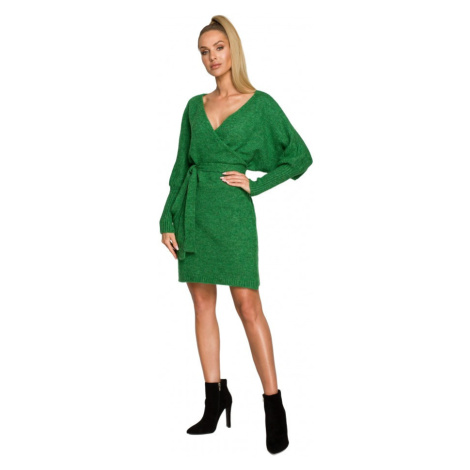 M714 Zavinovací svetrové šaty s vázáním - smaragdové Moe