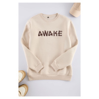 Trendyol Stone Oversize/Wide Cut Fleece Embroidered Sweatshirt