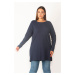 Şans Women's Plus Size Navy Blue Cotton Fabric Crew Neck Long Sleeve Tunic