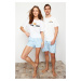 Trendyol Blue Ecru Striped Regular Fit Couple Knitted Pajamas Set with Shorts