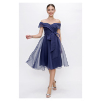 By Saygı Navy Blue Neckline Waist Belted Lined Organza Dress