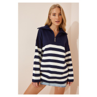 Happiness İstanbul Women's White Navy Blue Zipper Stand-Up Collar Striped Oversized Knitwear Swe