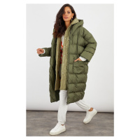 Chladný a sexy dámský khaki prošívaný dlouhý kabát s kapucí MX06