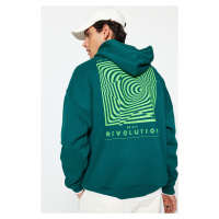 Trendyol Dark Green Oversize/Wide-Fit Maze Printed Fleece Inside Cotton Sweatshirt