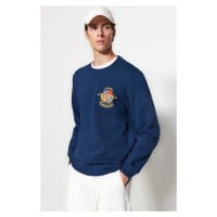 Trendyol Indigo Regular/Regular Fit Crest Embroidered Fleece Inside Cotton Sweatshirt