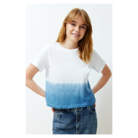Trendyol Blue 100% Cotton Gradient Transition Comfortable Fit/Crop Knitted T-Shirt