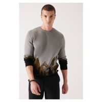 Avva Men's Khaki Crew Neck Patterned 100% Cotton Regular Fit Knitwear Sweater