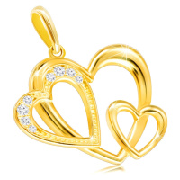 Diamantový přívěsek ze 14K zlata - kontura tří srdcí, čiré brilianty