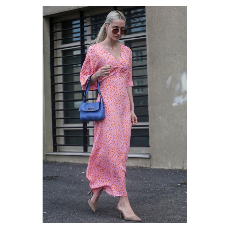 Madmext Pink Patterned V-Neck Midi Dress