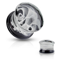 Sedlový plug do ucha, sklo Pyrex - vzor bílý dým s černým zakončením - Tloušťka : 8 mm