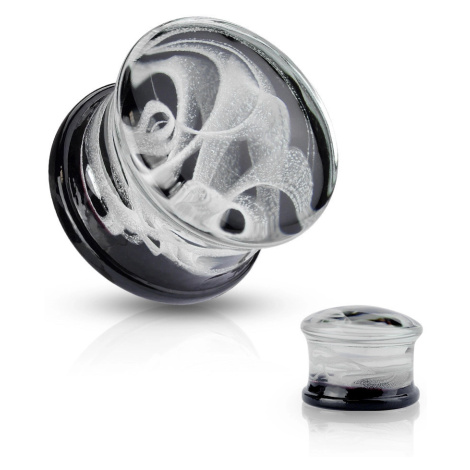Sedlový plug do ucha, sklo Pyrex - vzor bílý dým s černým zakončením - Tloušťka : 8 mm Šperky eshop