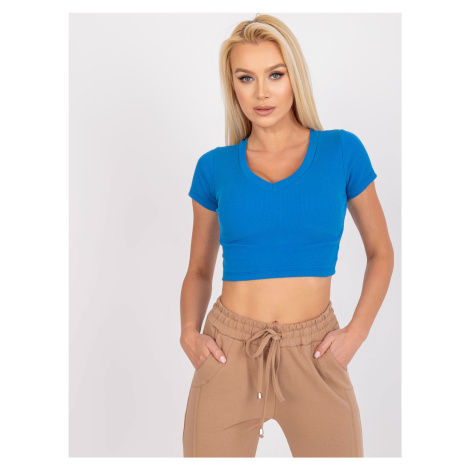 Modrý crop top Editta s krátkým rukávem -blue Modrá Rue Paris