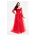 Carmen Red Silvery Tulle Front Embroidered Long Sleeve Engagement Dress