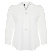 Trendyol Curve White Woven Plus Size Stone Shirt Collar Blouse