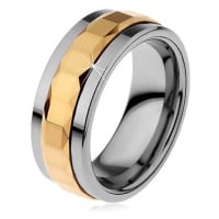 Prsten z wolframu, stříbrná a zlatá barva, otáčivý středový pás se čtverci, 8 mm