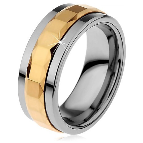 Prsten z wolframu, stříbrná a zlatá barva, otáčivý středový pás se čtverci, 8 mm Šperky eshop