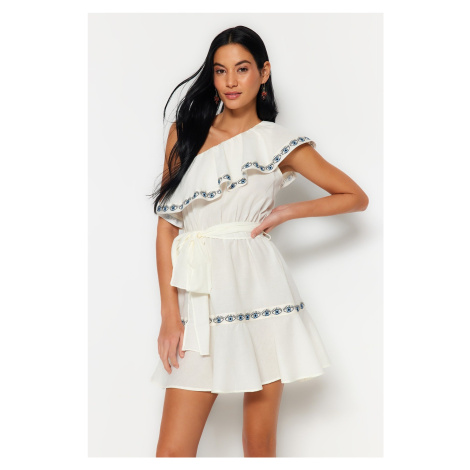 Trendyol Ecru Belted Mini Weave Stripe Accessoried One-Shoulder 100% Cotton Beach Dress