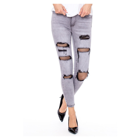 Šedé dámské džínové kalhoty se síťovanými vsadkami Factory Price