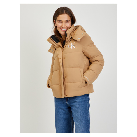 Světle hnědá dámská prošívaná zimní bunda s odepínací kapucí Calvin Klein Jeans