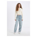 DEFACTO Baggy Fit High Waist Folded Leg Ankle Length Jean Washed Trousers