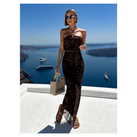 Hnědé letní dlouhé šaty WEIKEEL bez ramínek