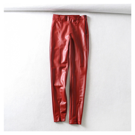 Modní úzké kalhoty z umělé kůže červené