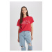 DEFACTO Regular Fit Crew Neck Printed Short Sleeve Red T-Shirt