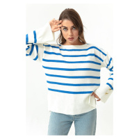 Lafaba Women's Blue Boat Neck Striped Knitwear Sweater