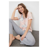 Trendyol Grey 100% Cotton Floral Knitted Pajamas Set