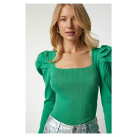 Happiness İstanbul Women's Green Square Neck Ribbed Knitwear Blouse